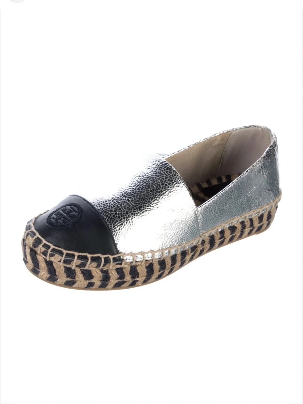 Tory Burch Silver Navy Leather Cap Toe Espadrille Flats Size 8 New