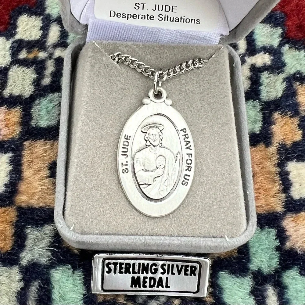 St. Jude Sterling Silver Oval Religious Medal Necklace 24” Heavy Curb Chain