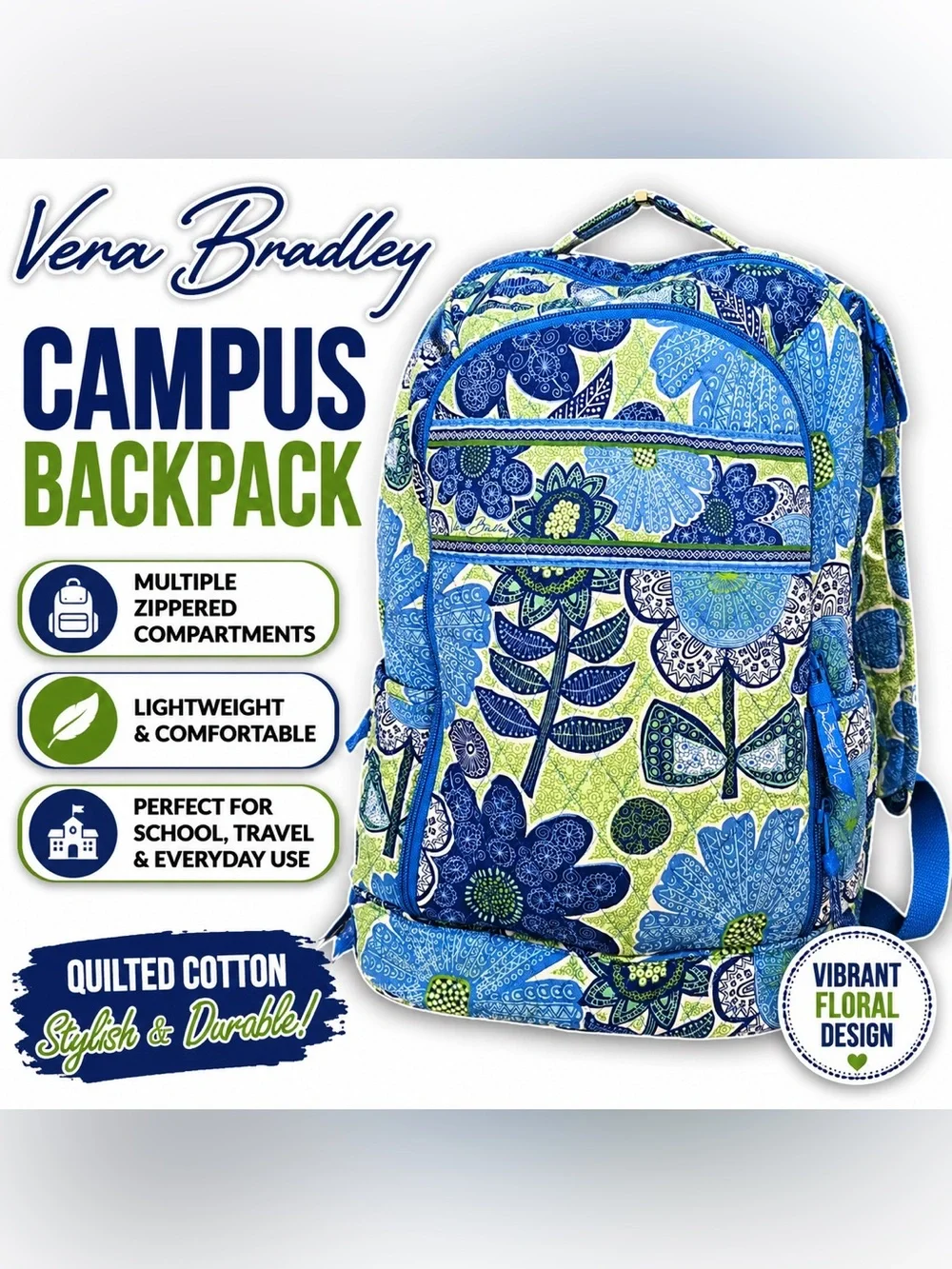 Vera Bradley Blue & Green Floral Quilted Backpack