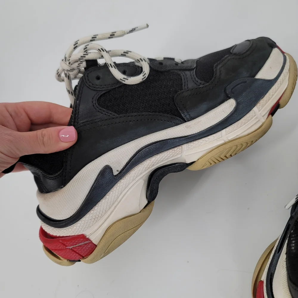 Balenciaga Black Leather Mesh Triple S Sneakers Size 7 HEAVY