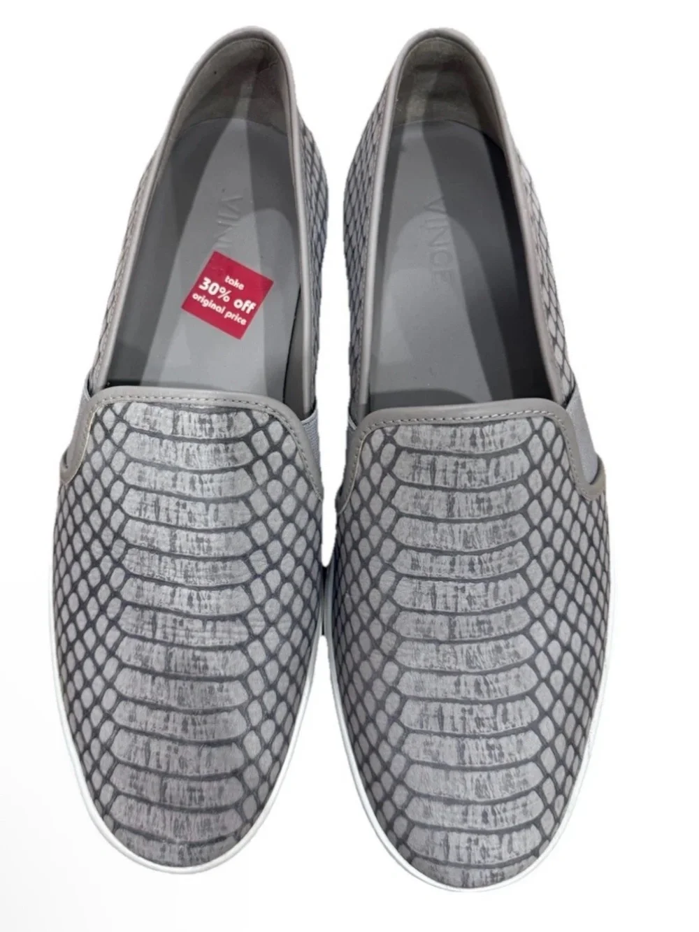 VINCE Grey - Tan Snake Embossed Leather Slip On Sneaker Shoe Women Size 8.5