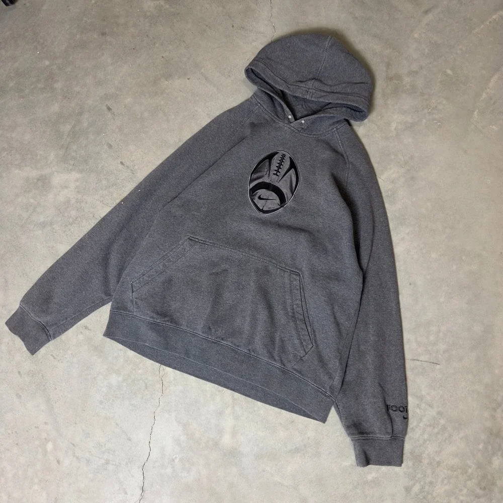 Vintage Nike Hoodie Mens‎ Large Grey Y2K Silver Tag Football Embroidered Logo
