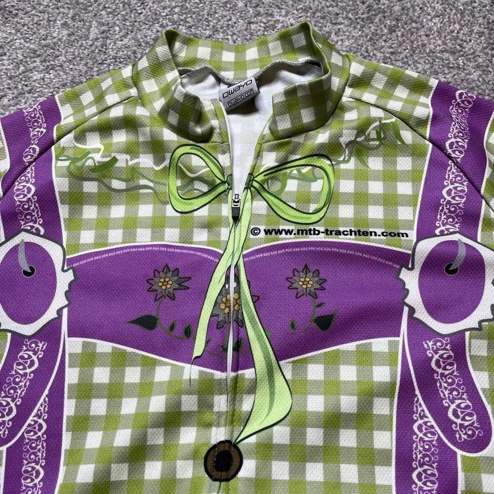 Owayo Germany Oktoberfest Ride cycling shirt jersey S Purple Green Plaid