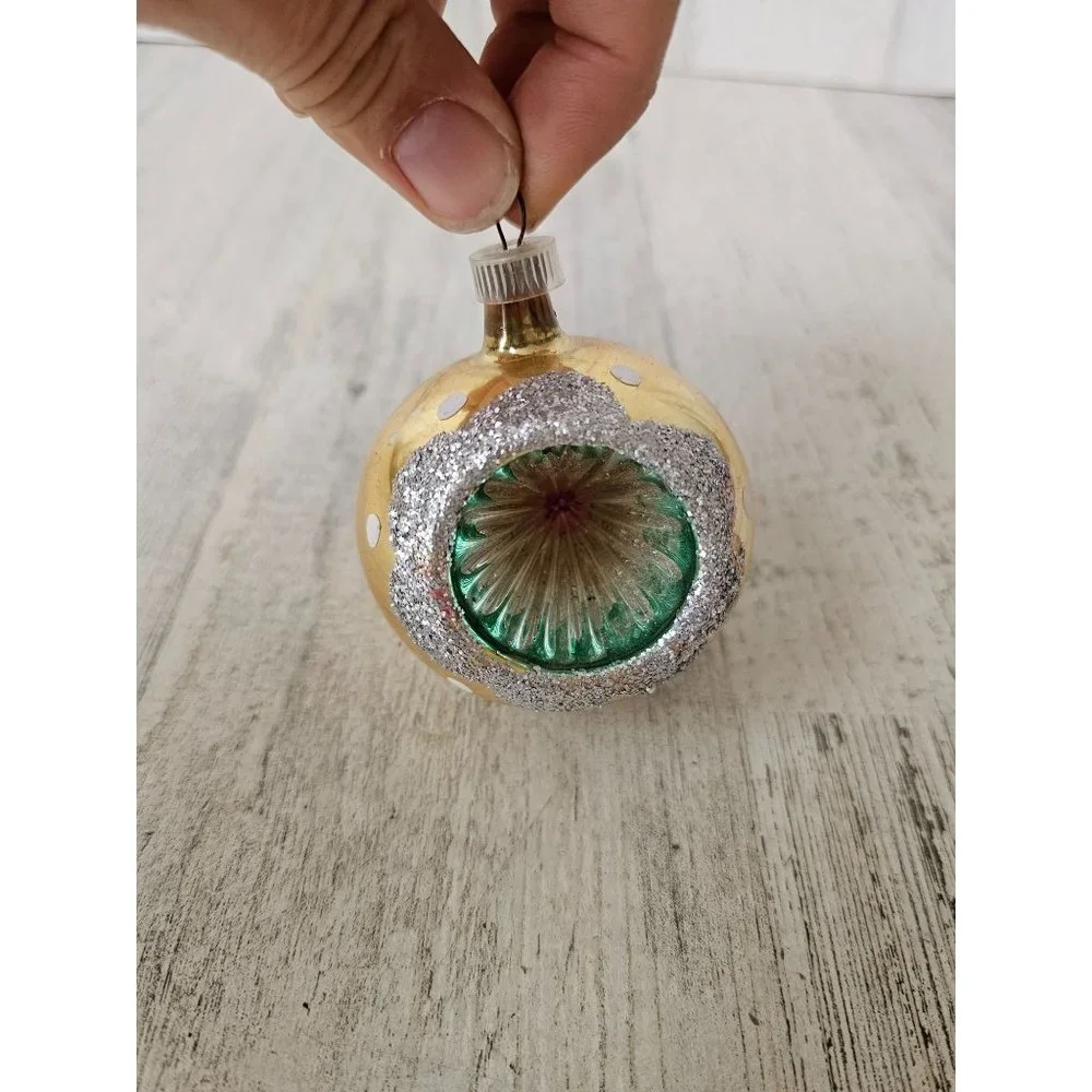 Vintage Austria yellow reflector ball vintage ornament polka dot glitter‎ silver