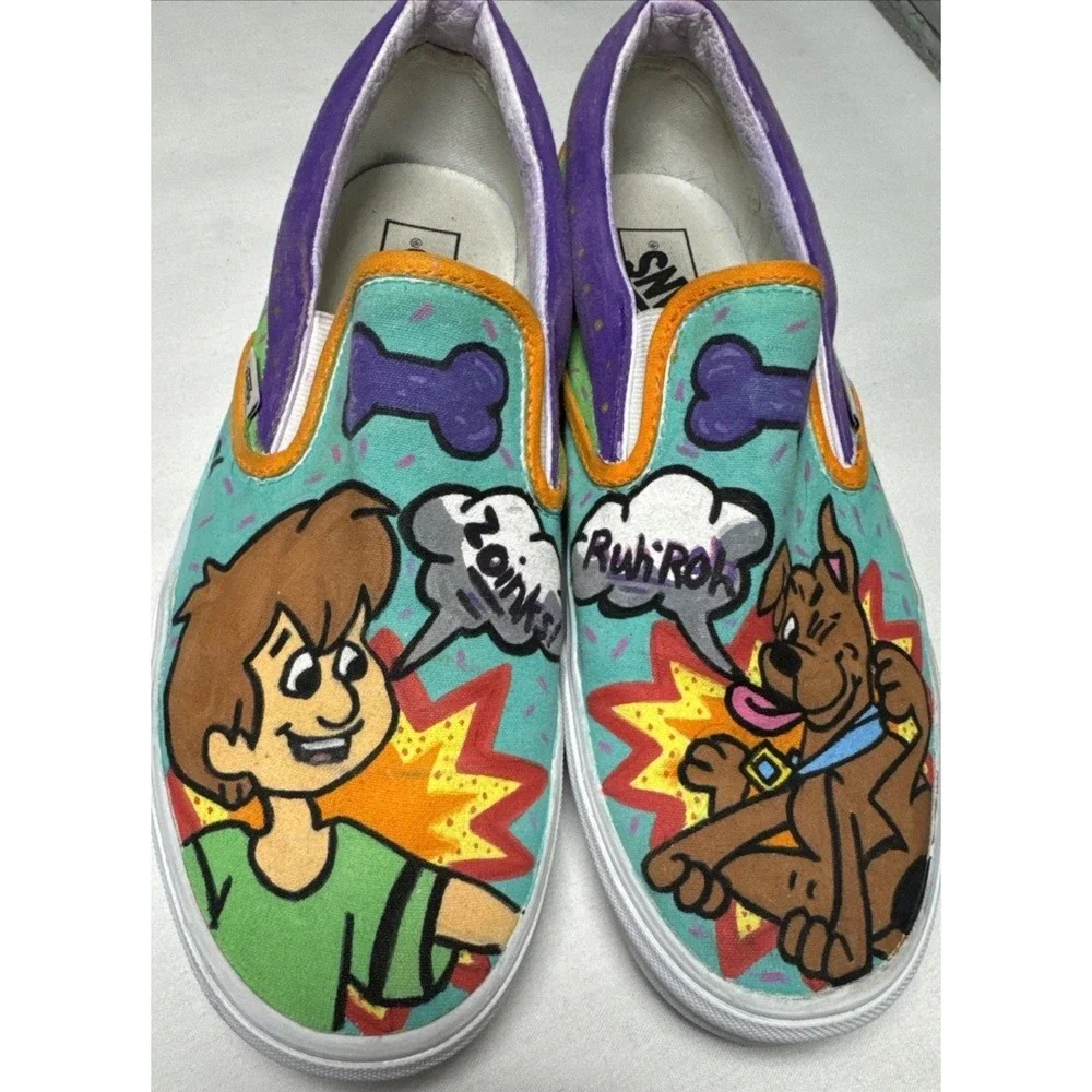 Custom Vans Slip-On Shoes Scooby Doo Shaggy‎ Signed Hand Painted Canvas 10.5