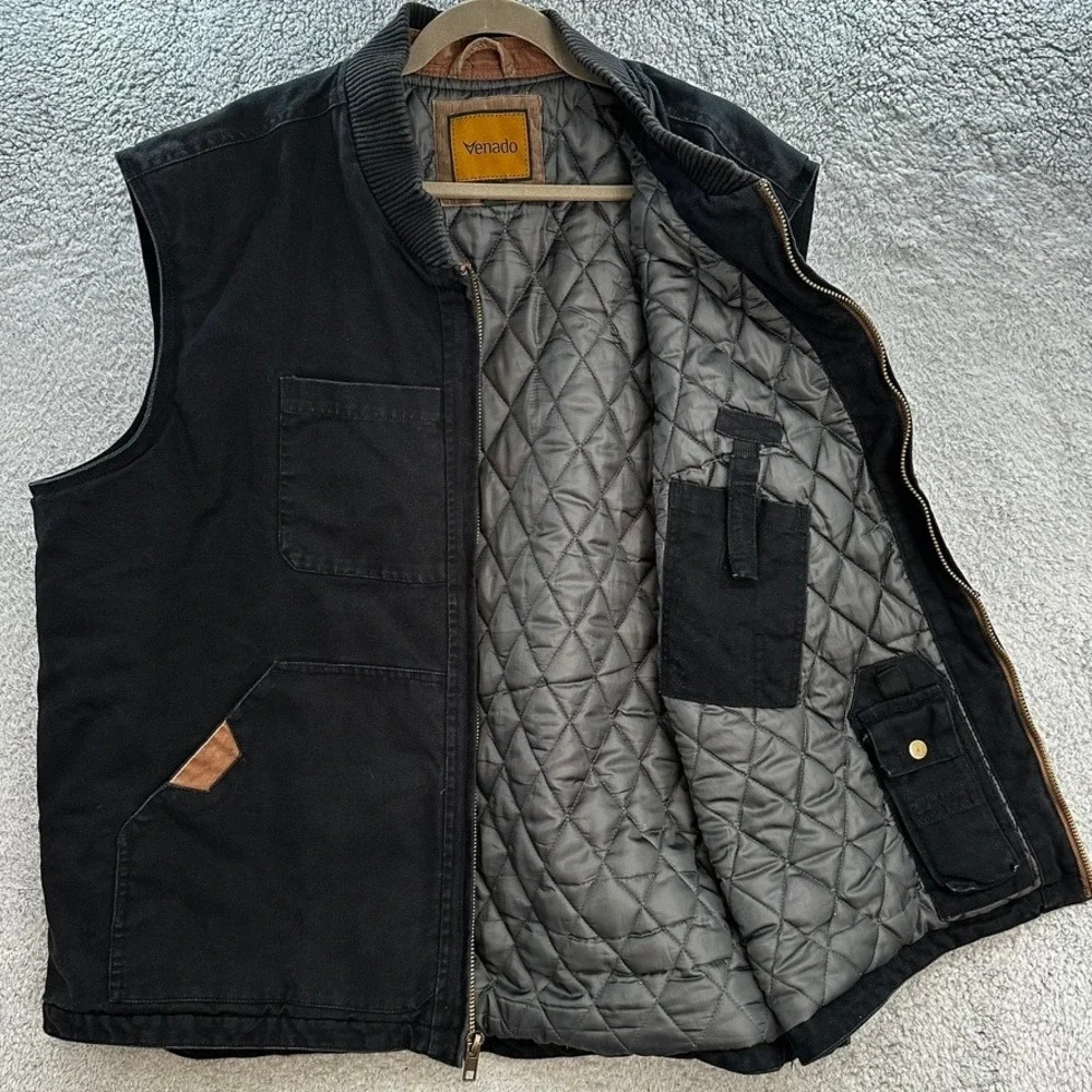 Venado Men's 2XL Concealed Carry Black Canvas Quilted Vest Full Zip Utility