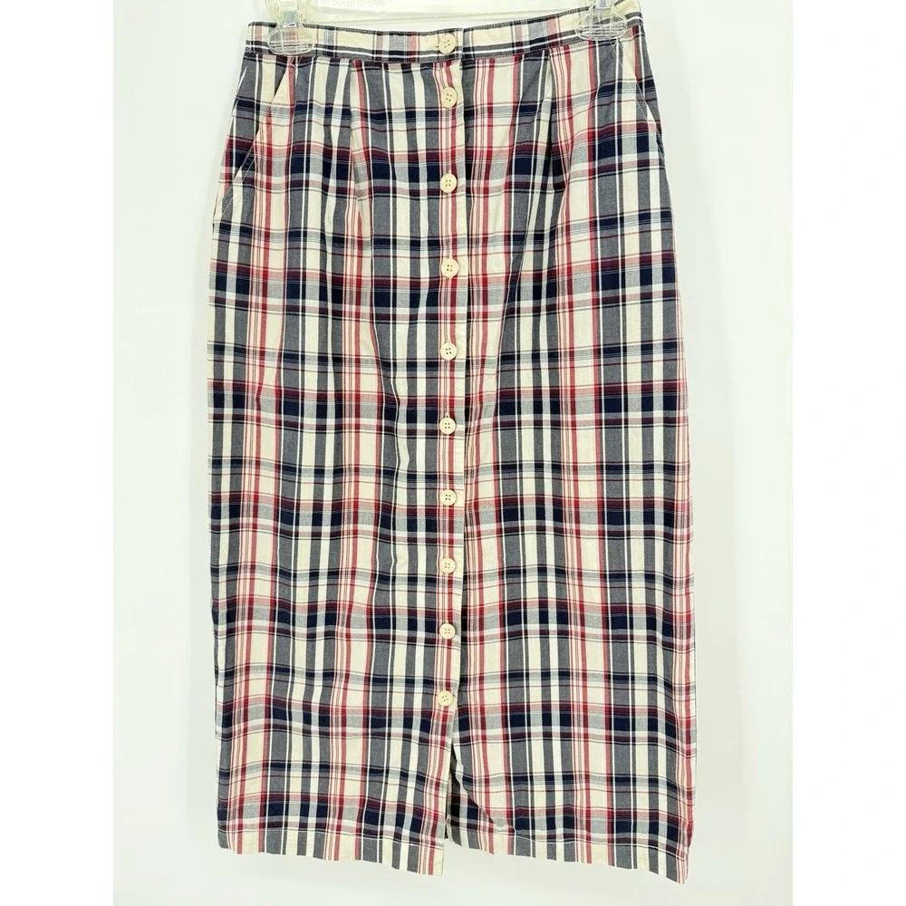 Vtg The Eagles Eye Main Line Plaid Button Front Midi Skirt Tartan Pleated Pocket