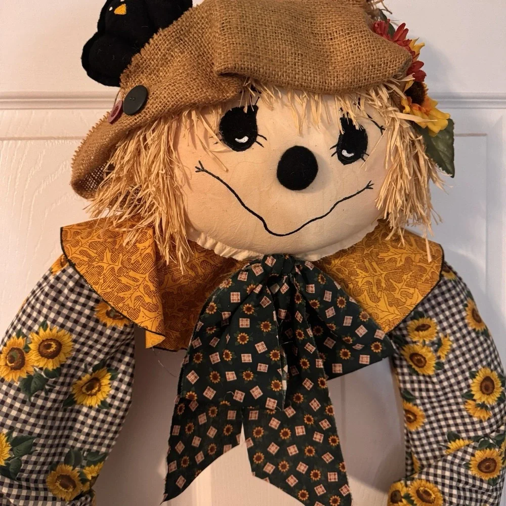 Vintage Fall Scarecrow Fabric Wreath Door Decoration w/ Sunflower & Pumpkin LRG!
