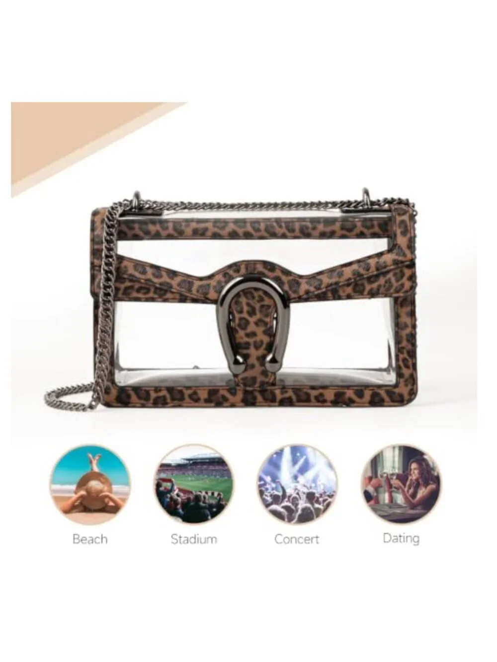 Clear Stadium Approved Crossbody Satchel with Chain Strap, PVC Vegan Leather
