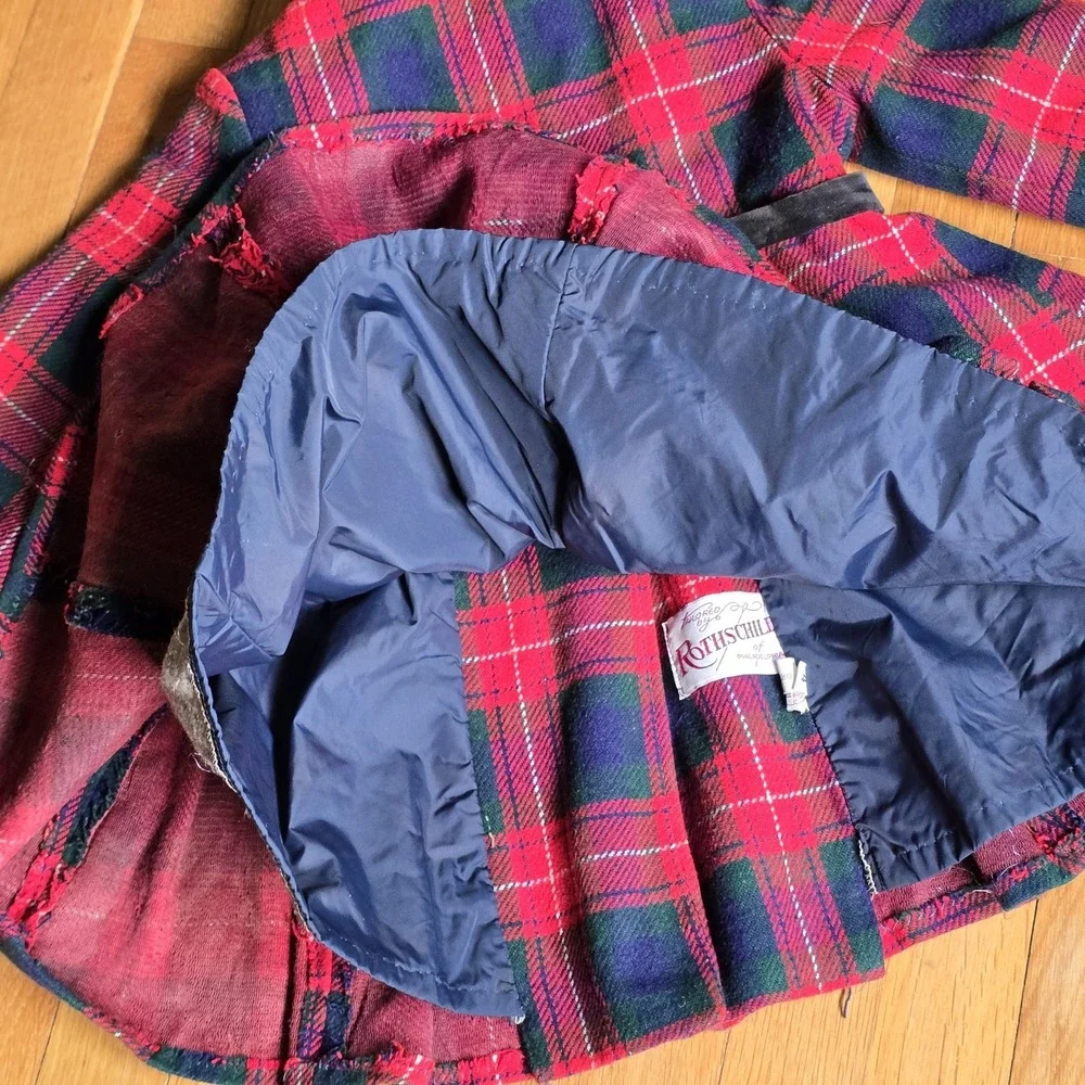 Rothschild Of Philadelphia Vintage Girls Coat Red Black Wool Plaid Velvet Trim 4