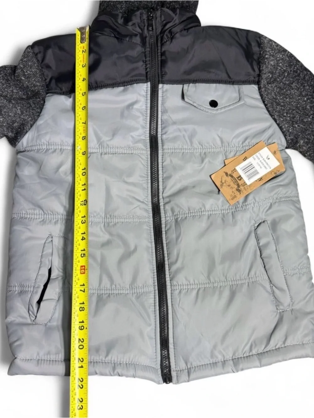 Brooklyn Laundry Boys Puffer Jacket Gray Black Knit Sleeve Hooded Size L NEW