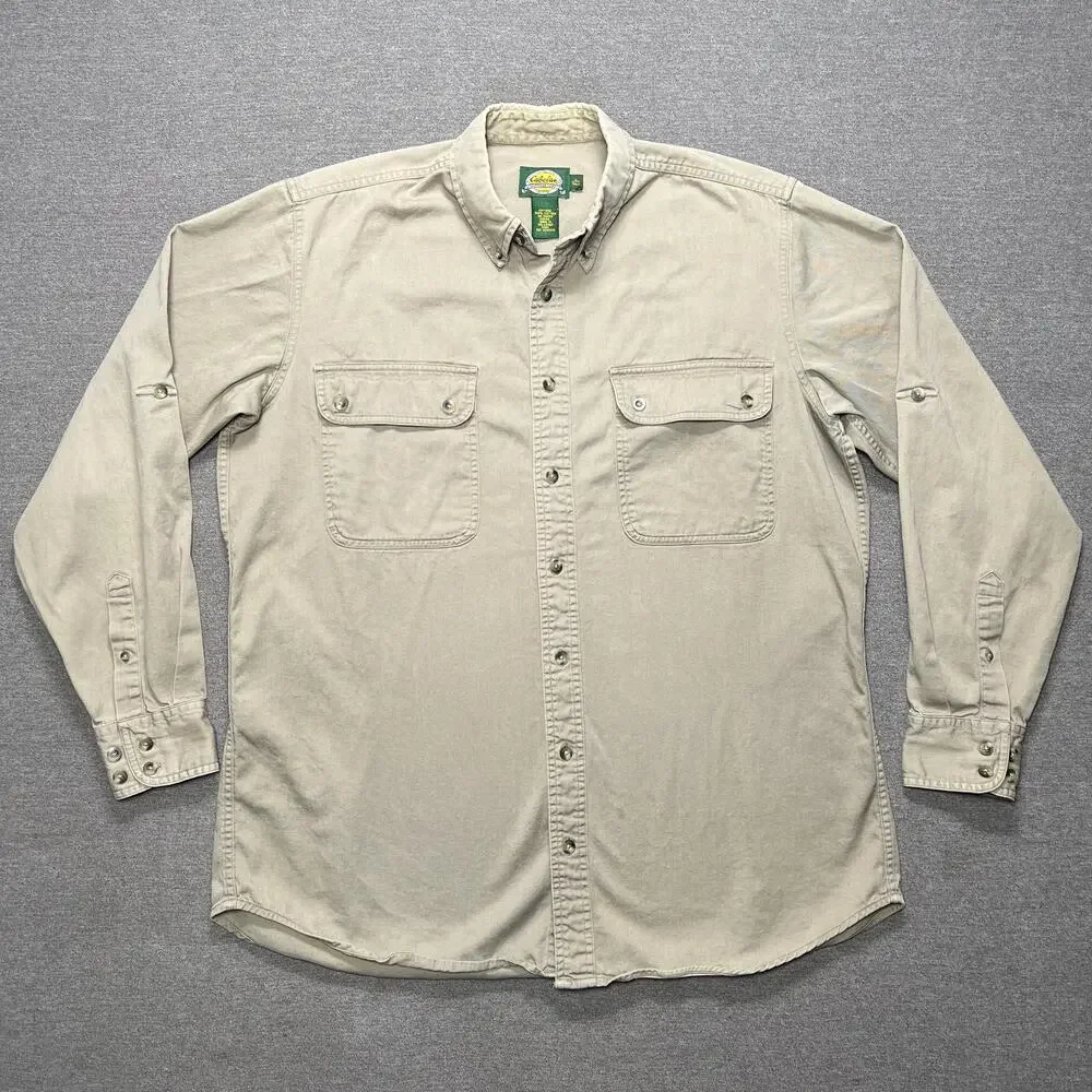 Vintage Cabela's Shirt Mens LT Beige Twill Button Up Workwear Outdoor Hiking