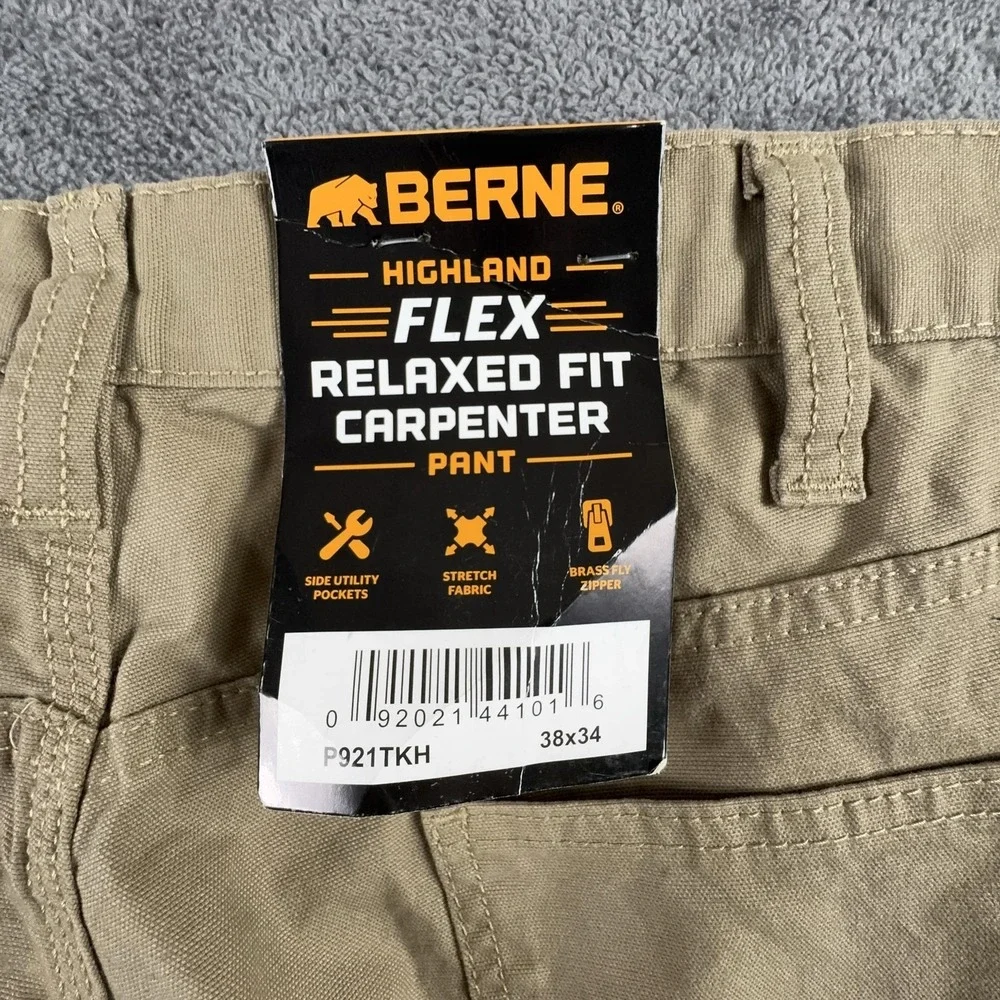Berne Highland Flex Carpenter Pants Mens‎ 38x34 Khaki Relaxed Stretch Workwear