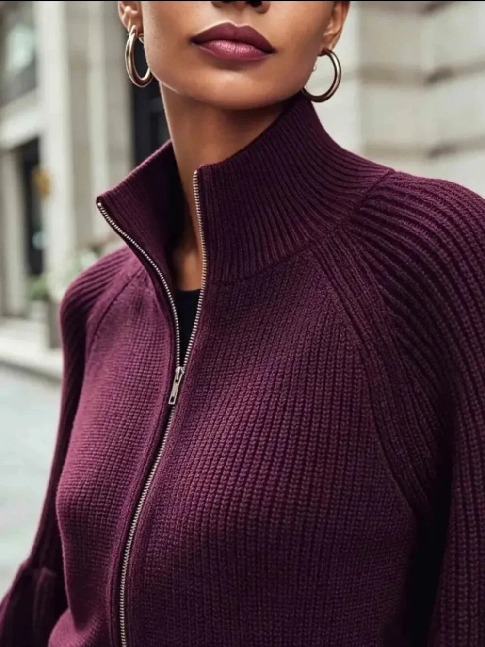 Autumn/Winter Fabric Cropped Zip-Front Cardigan, Featuring a High Stand-up