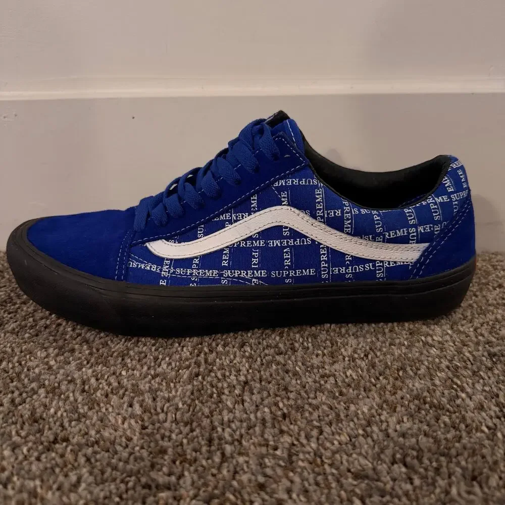 SUPREME X VANS Men's Old Skool Pro Logo Pattern Size 10.5 In Royal/Black