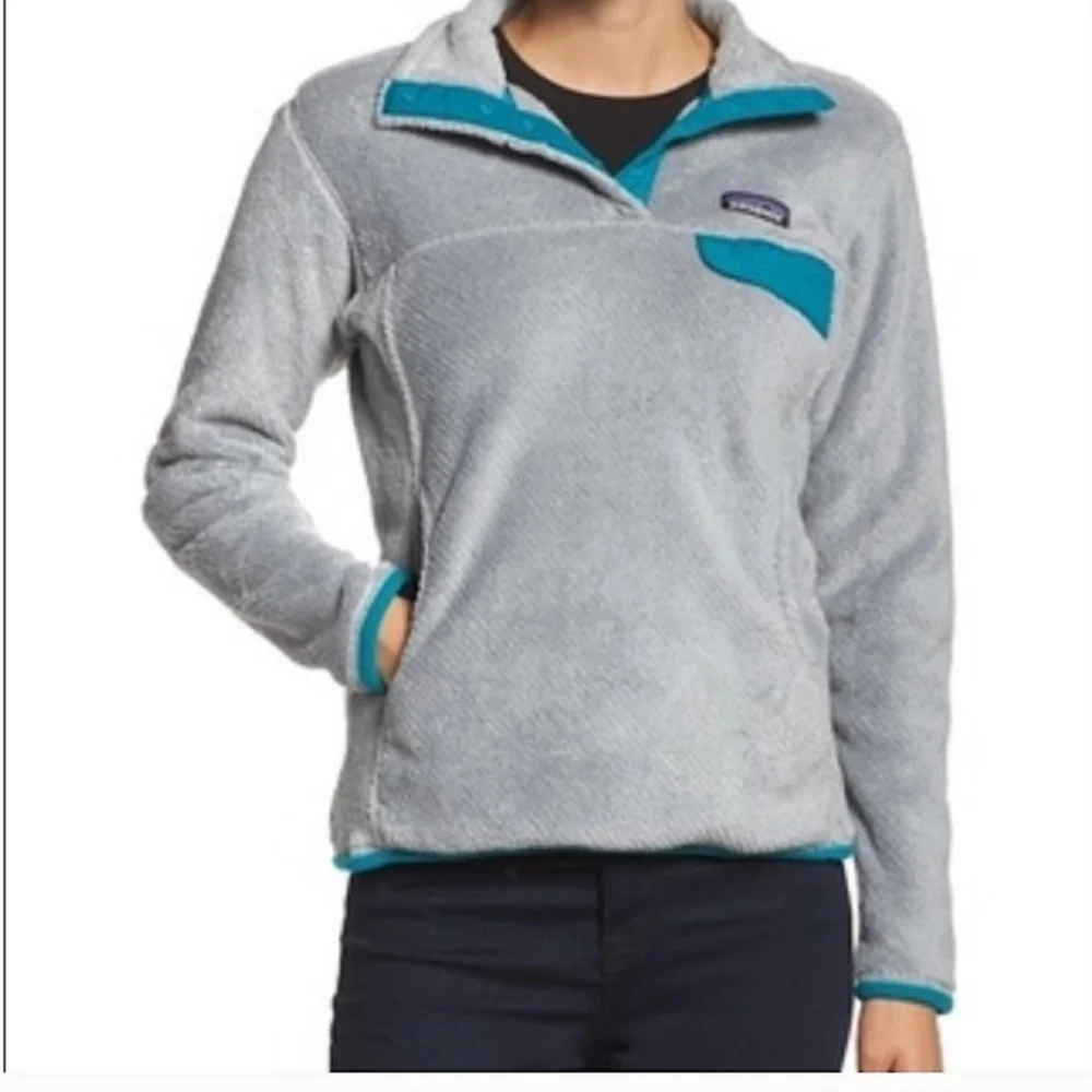Patagonia Re-Tool Quarter Snap Teal and Gray Fuzzy  Fleece Jacket/Pullover