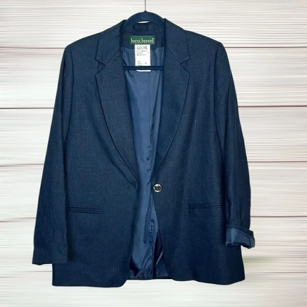 NWT Harve Benard Blue Linen Blazer Single Button Front  US 10 Vintage