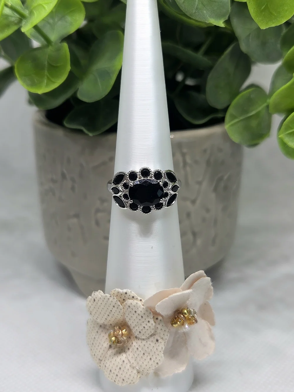 BP Black Onyx Vintage-Style Ring On Rhodium Plating