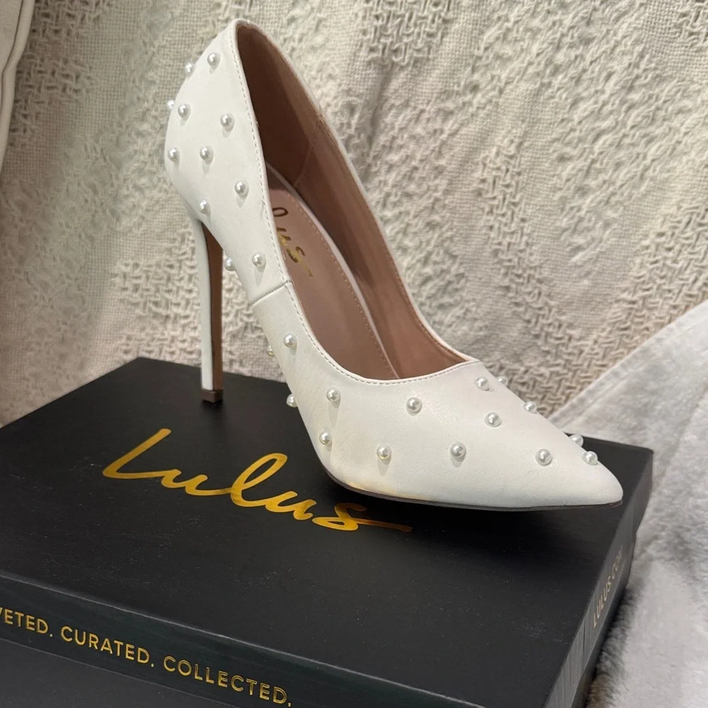 Lulu's White Pearl-Embellished Pointed Toe Stiletto Heels