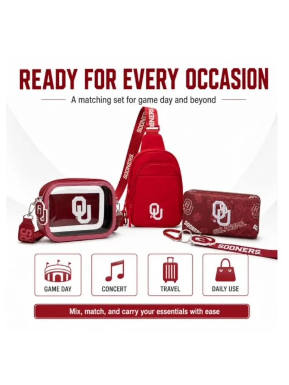 Oklahoma Sooners 3-Piece Bag Bundle Clear Crossbody Sling Wristlet RFID NCAA