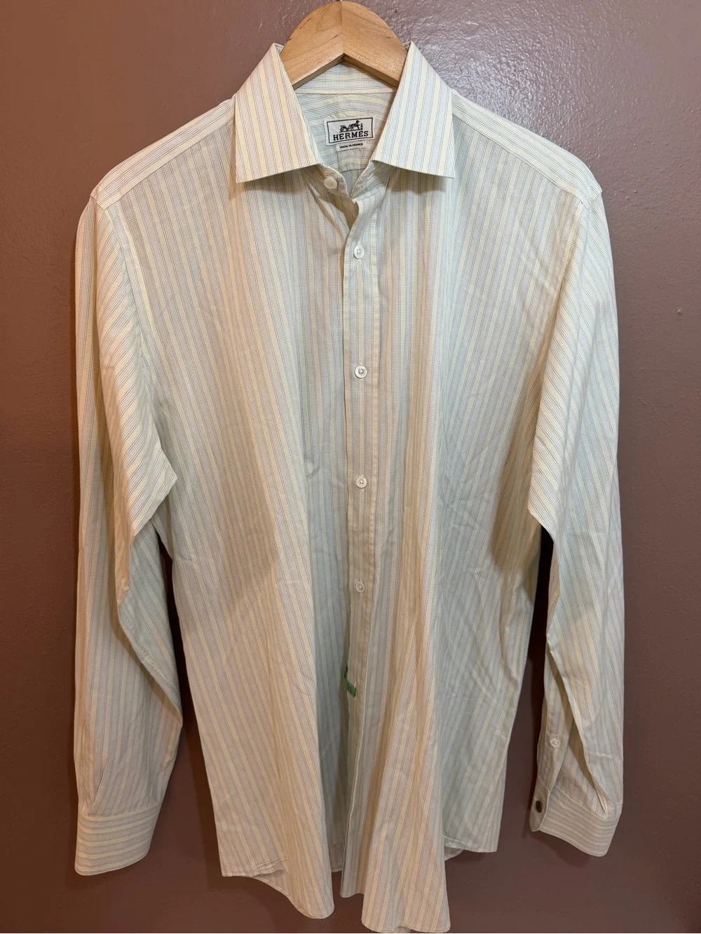 HERMÈS Men's White/Blue/Yellow Striped Cotton Button Dress Shirt 16 France