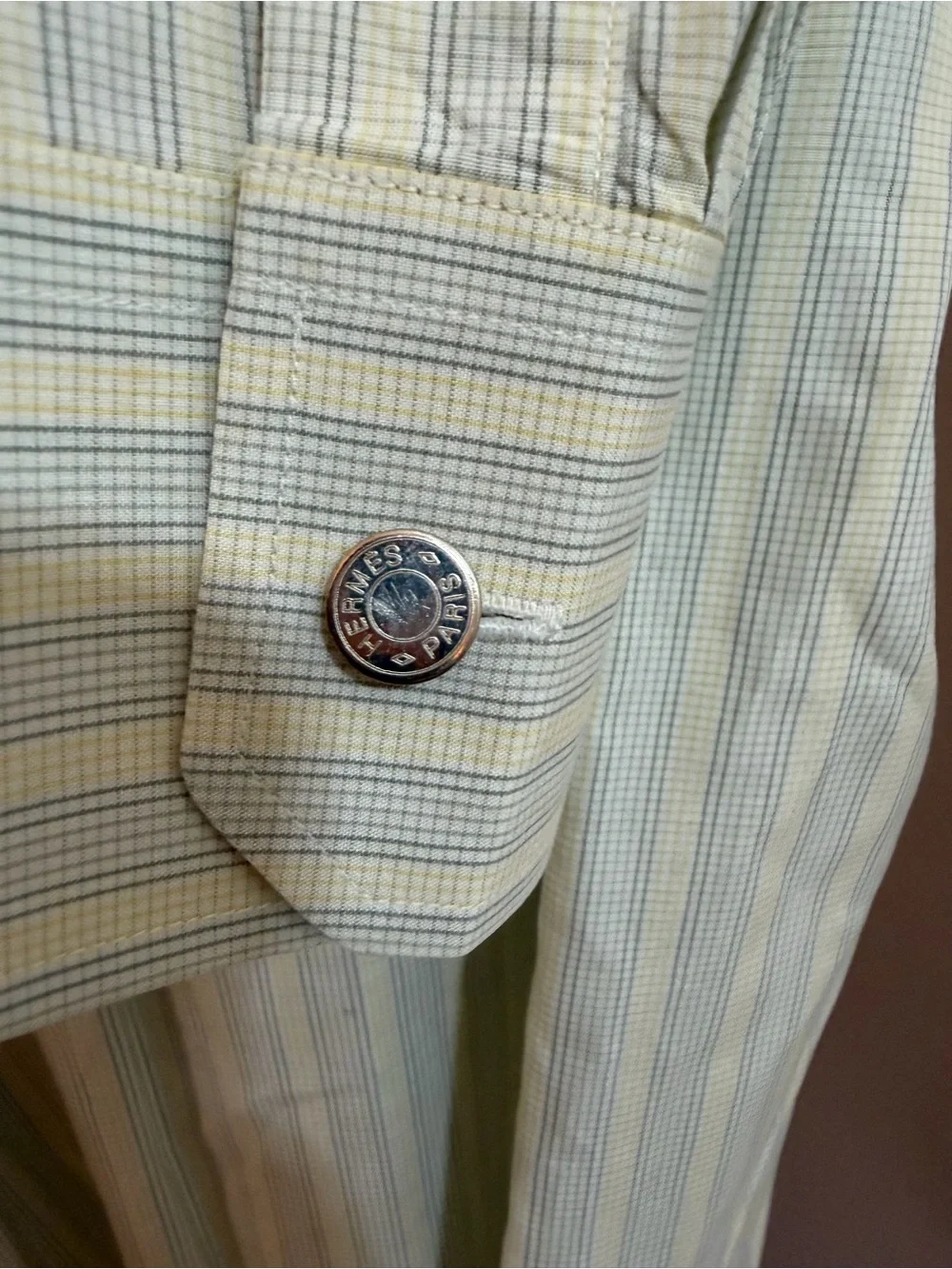 HERMÈS Men's White/Blue/Yellow Striped Cotton Button Dress Shirt 16 France