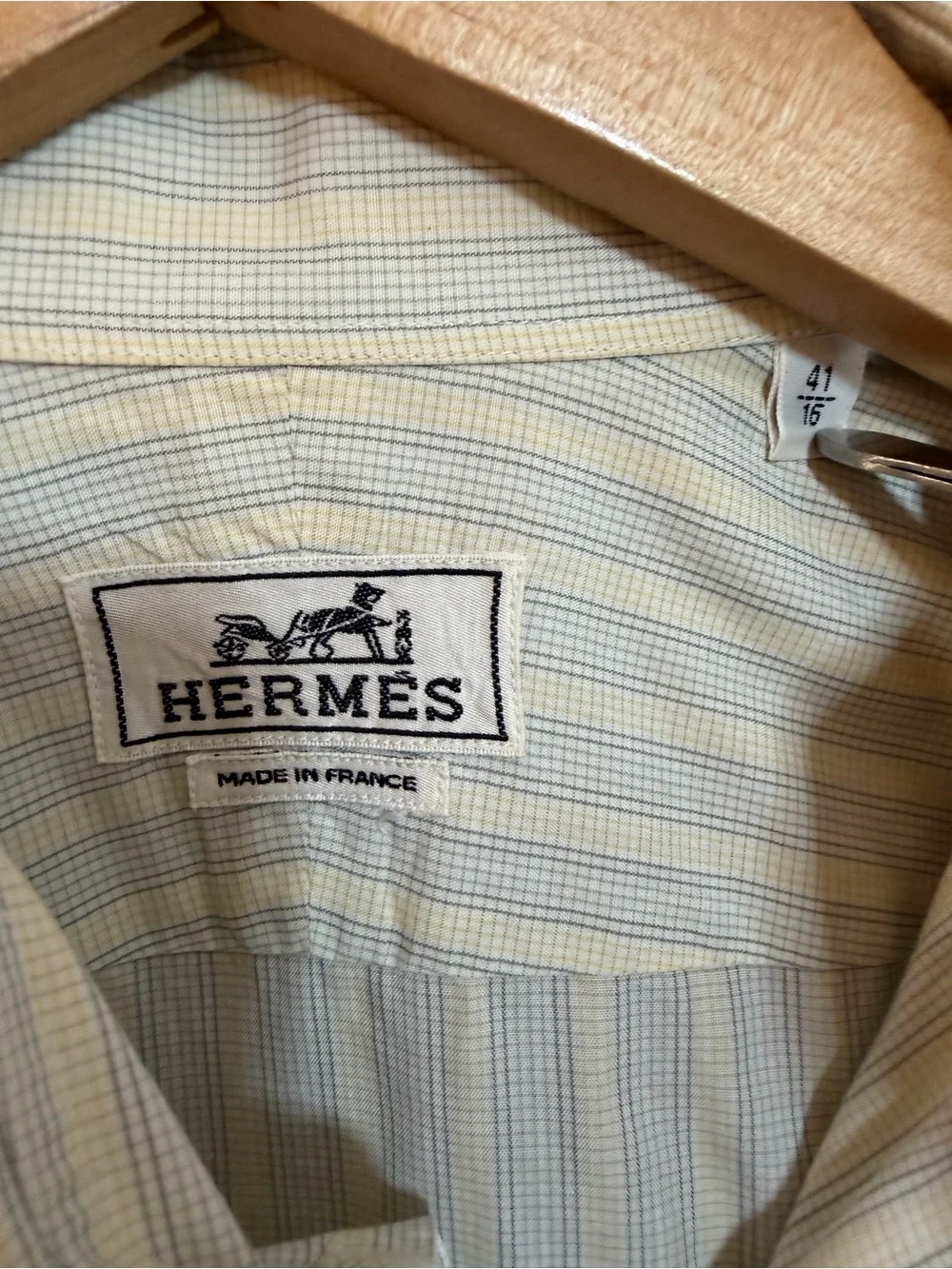 HERMÈS Men's White/Blue/Yellow Striped Cotton Button Dress Shirt 16 France