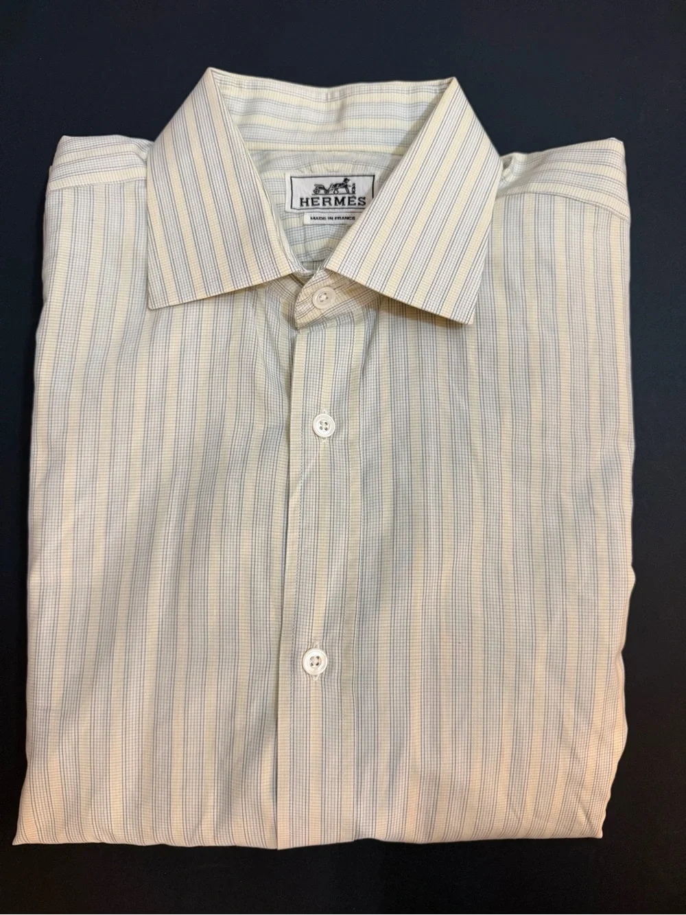 HERMÈS Men's White/Blue/Yellow Striped Cotton Button Dress Shirt 16 France