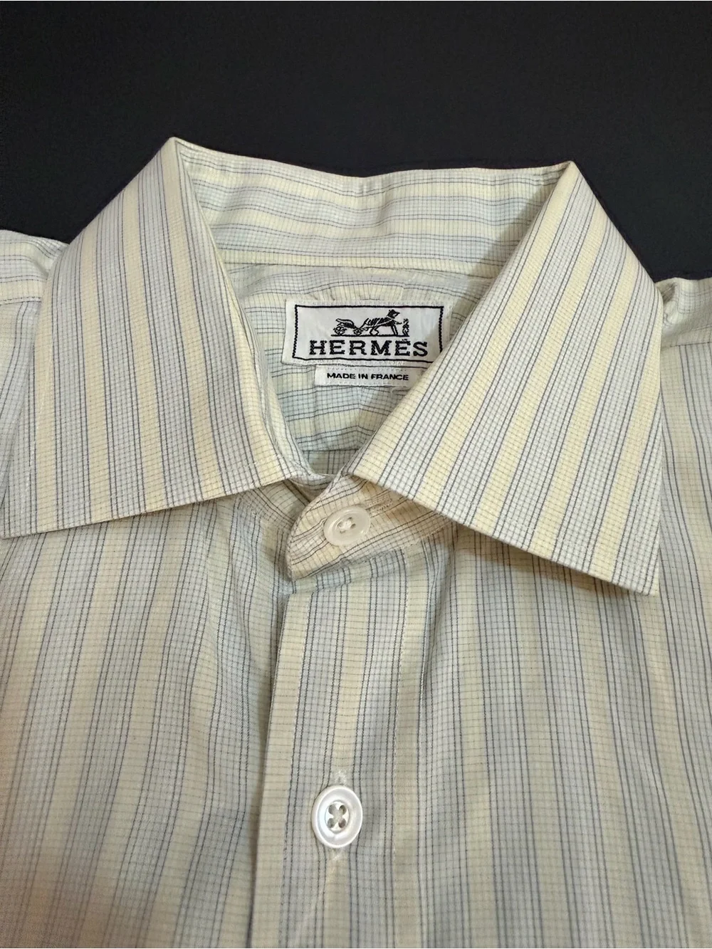 HERMÈS Men's White/Blue/Yellow Striped Cotton Button Dress Shirt 16 France