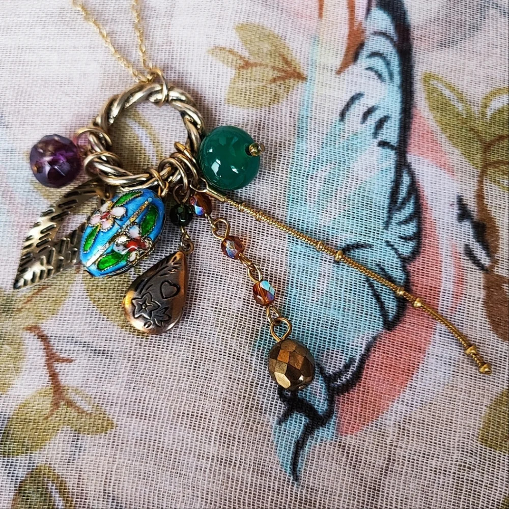 Enameled Cloisonné Egg Tarnished Locket Gold Tone Necklace Cluster NY Company