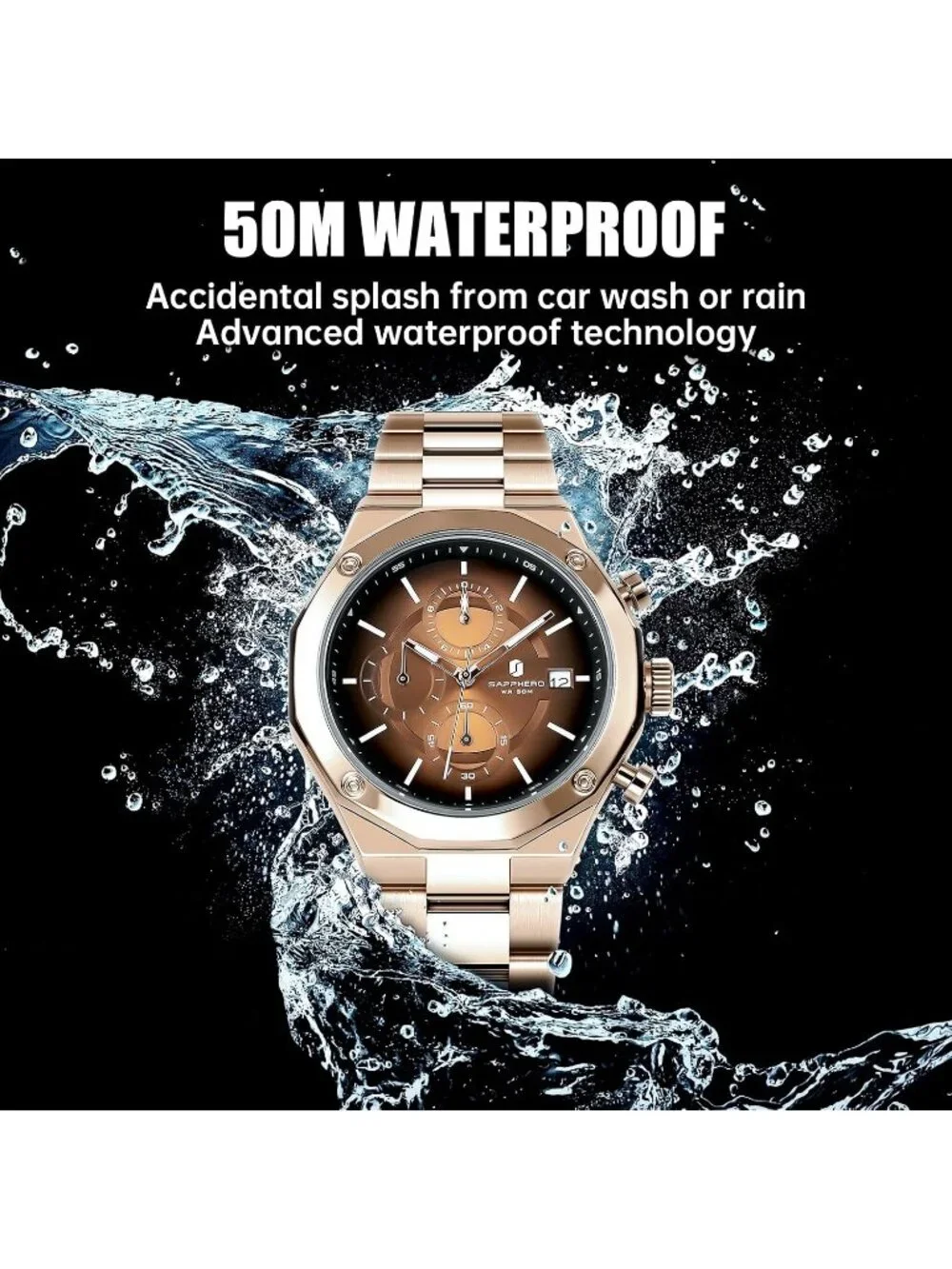 Men's Gold Brown Quartz Chronograph Stainless Steel Waterproof Wrist Watches