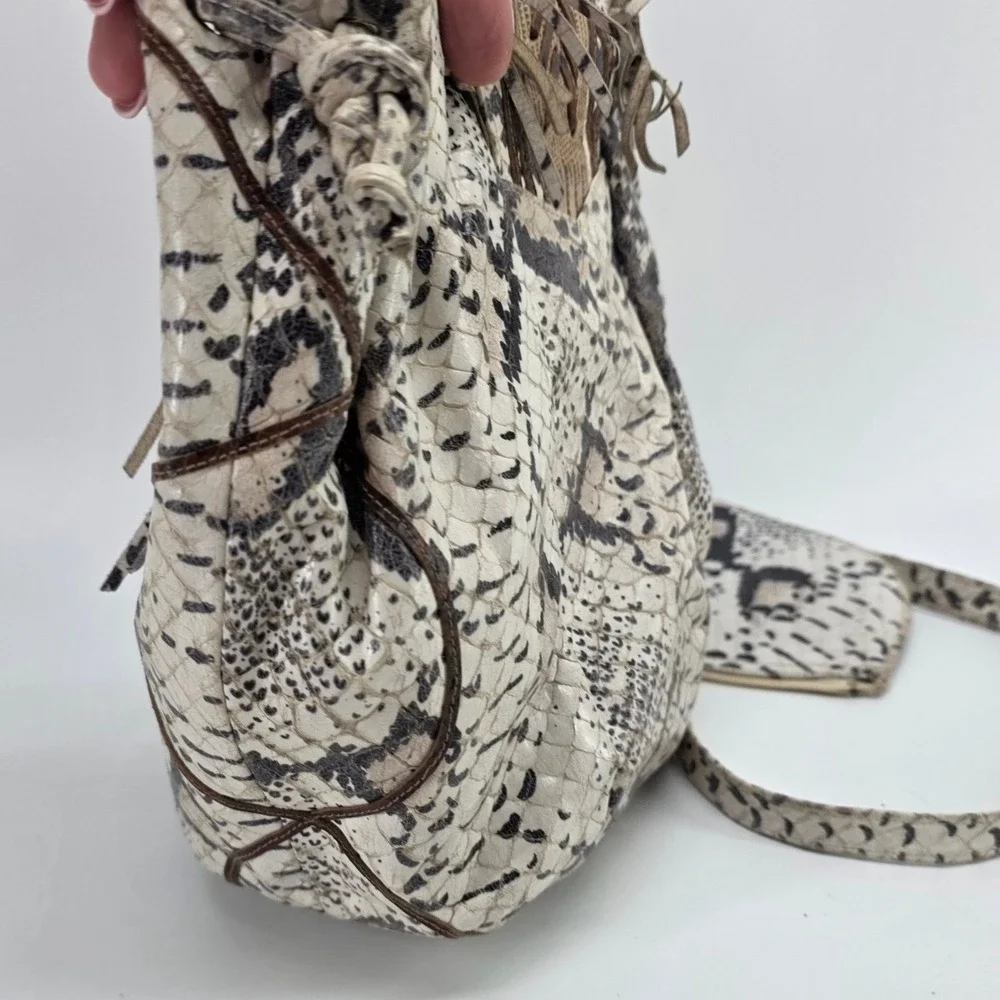 Vintage Hobo Bucket Bag Snakeskin Print‎ Fringe Leather Brown Cream Coin Purse