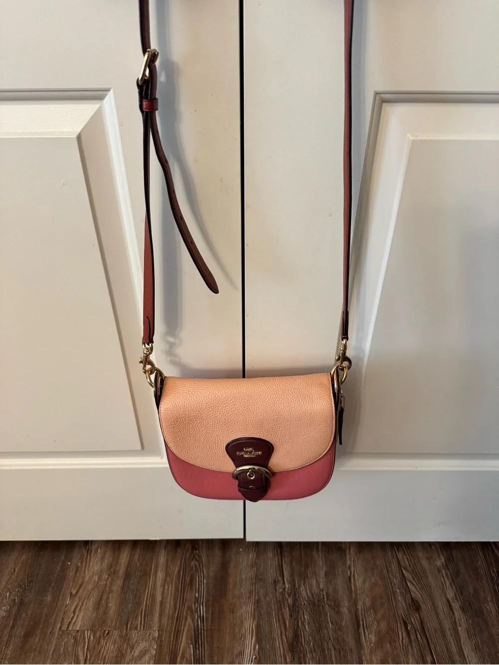 Coach Colorblock Pebbled Leather Saddle Crossbody - Blush, Rose & Burgundy