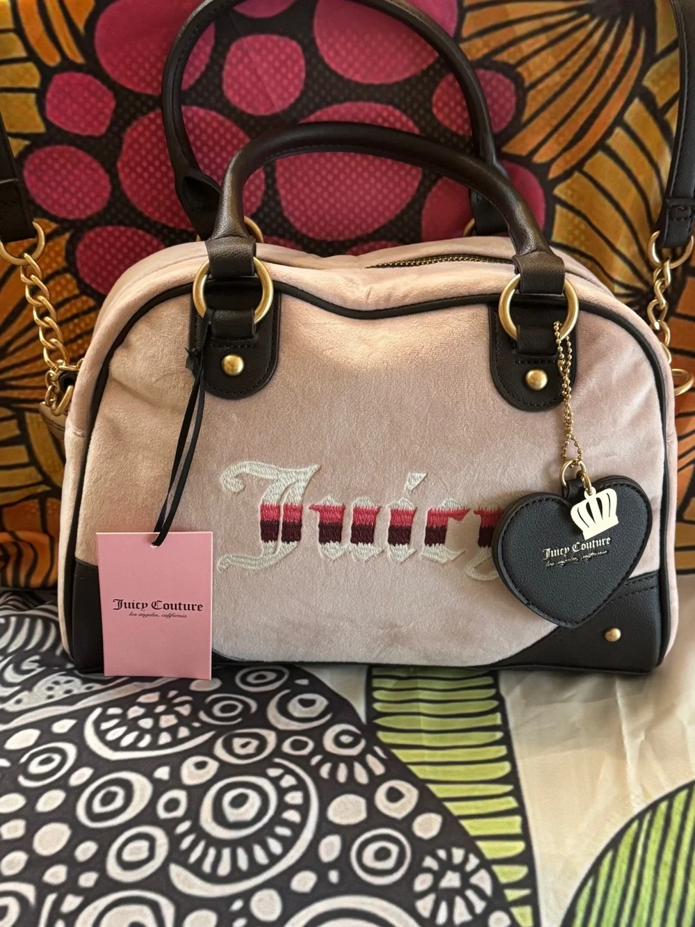 Juicy Couture Pink Velvet Crossbody Satchel with Brown Trim & Heart Charm