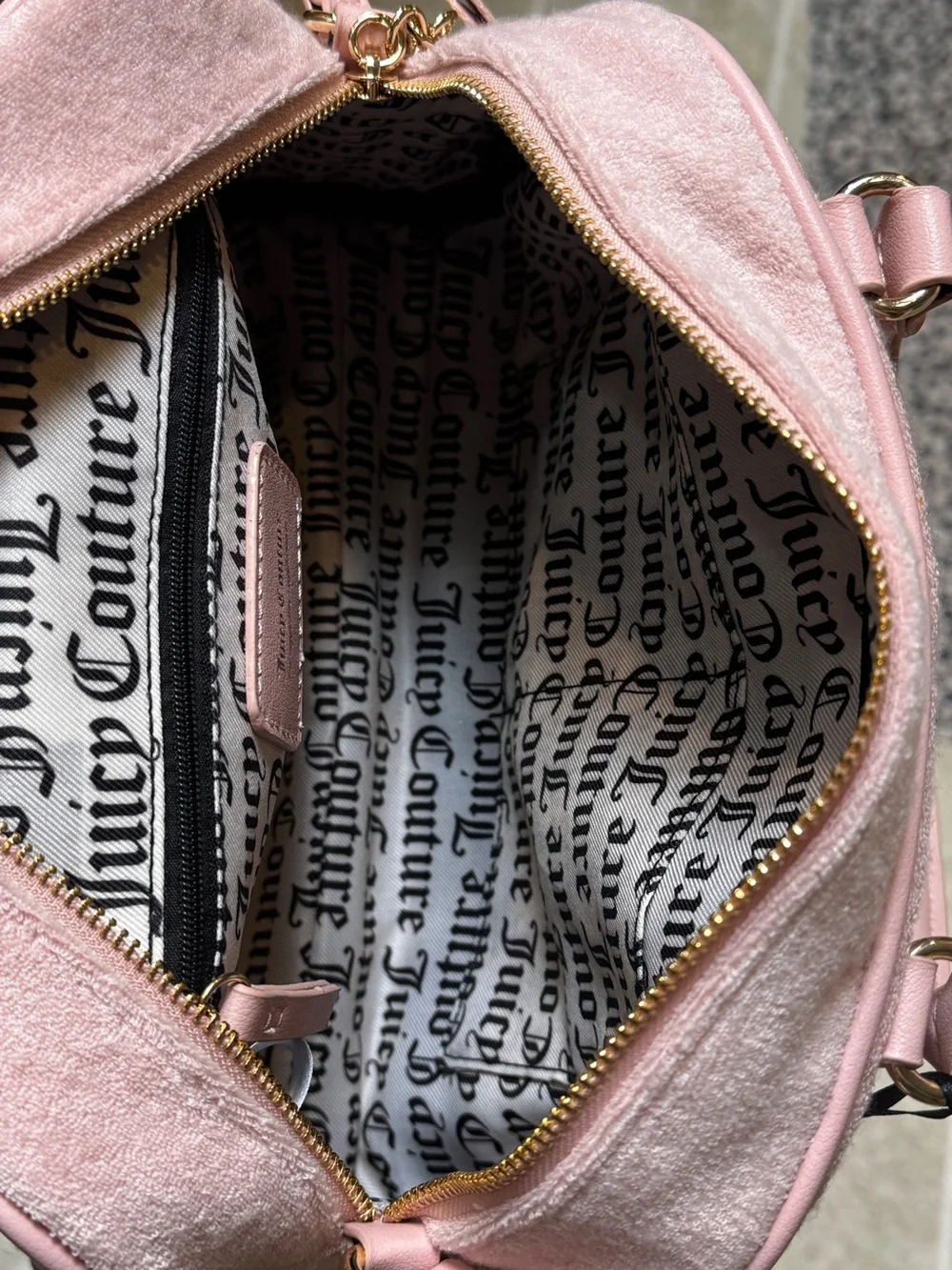 Juicy Couture Pink Velvet Crossbody Satchel with Brown Trim & Heart Charm