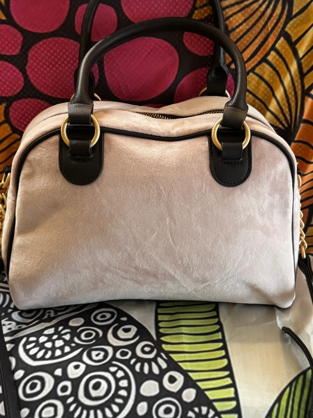 Juicy Couture Pink Velvet Crossbody Satchel with Brown Trim & Heart Charm