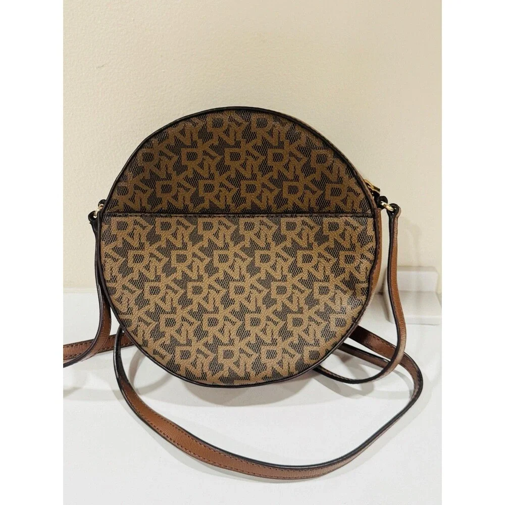 Dkny Round Brown Faux Leather Logo Printed Crossbody Bag Shoulder Purse