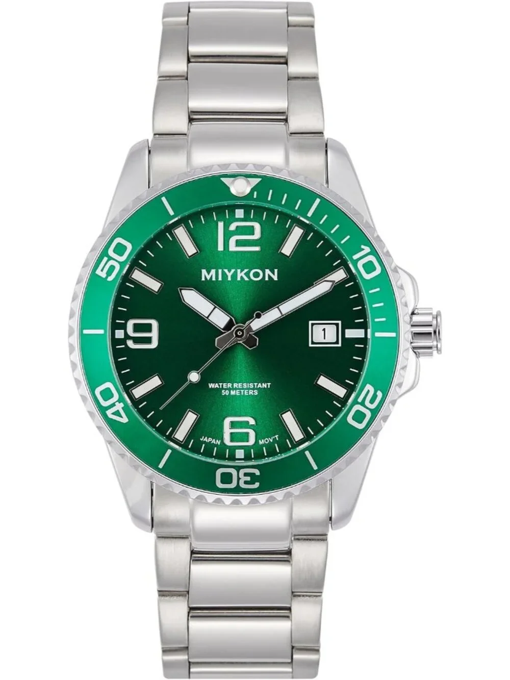 Men's Silver Stainless Steel Bracelet Green Dial Quickset Date Quartz Watches