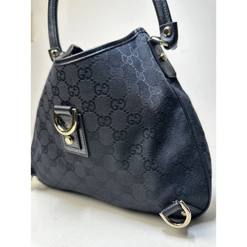 Gucci Vintage Abbey Hobo Bag Black GG Canvas Leather Trim D-Ring