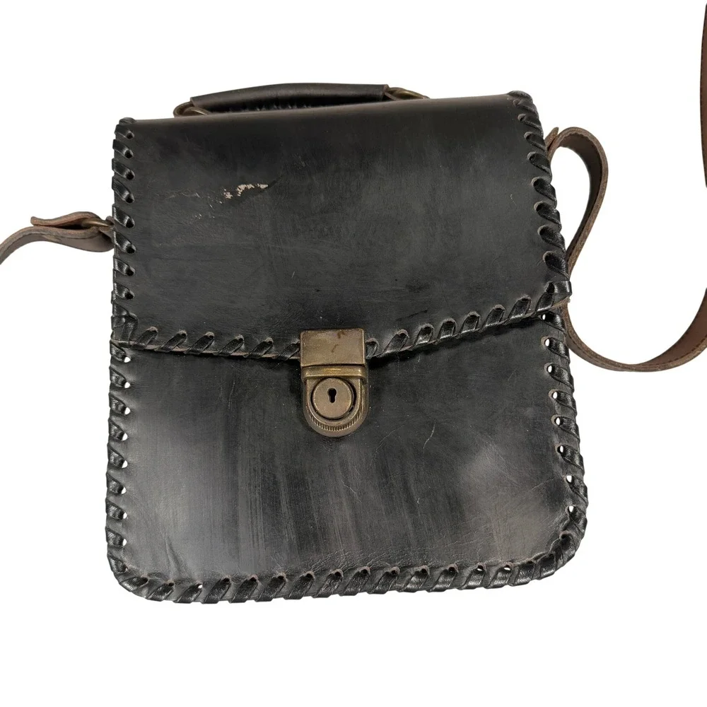 Unbranded Hand-Stitched Leather Crossbody Bag Small Women Black Whipstitch