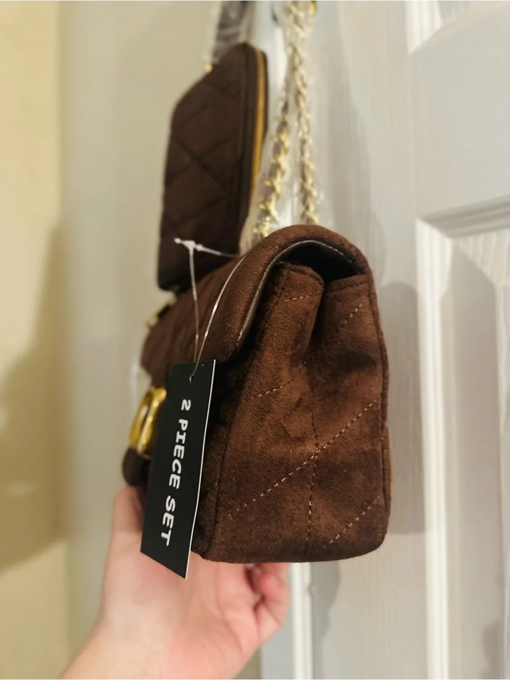 inspired Quilted Suede Brown Shoulder Bag & Wallet Set with Gold Hardware