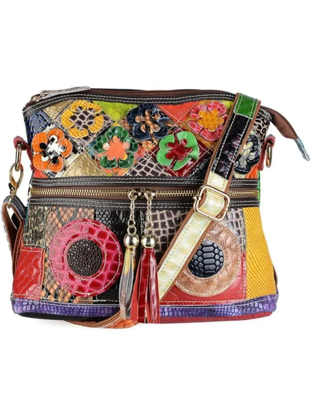 Colorful Floral Crossbody Bag | Vintage Cowhide Leather Shoulder Purse