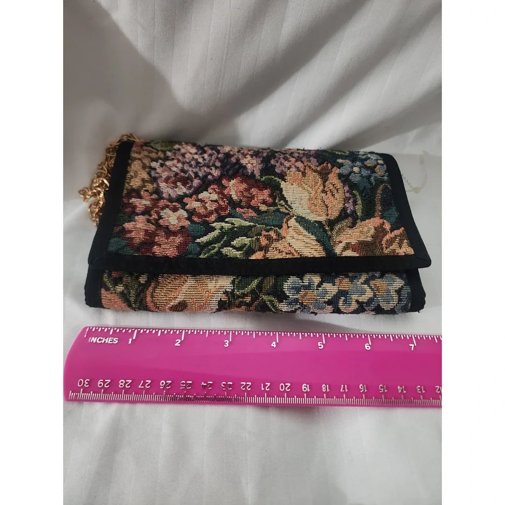 Danny K Beverly Hills Floral Tapestry Wallet Crossbody Bag Gold Chain Strap