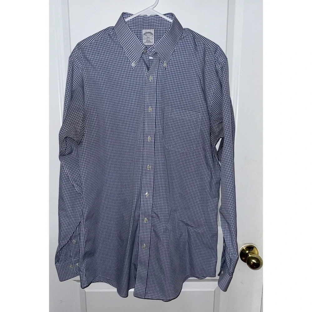 Brooks Brothers Mens Dress Shirt Size 16 1/2 Blue White Gingham Button Down‎