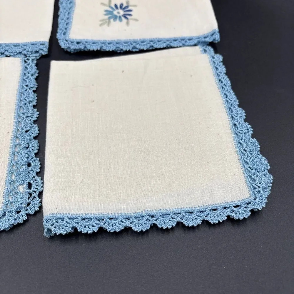 6 Linen Lace Bordered Blue Napkins‎ Vintage  10x10 Cream Linen