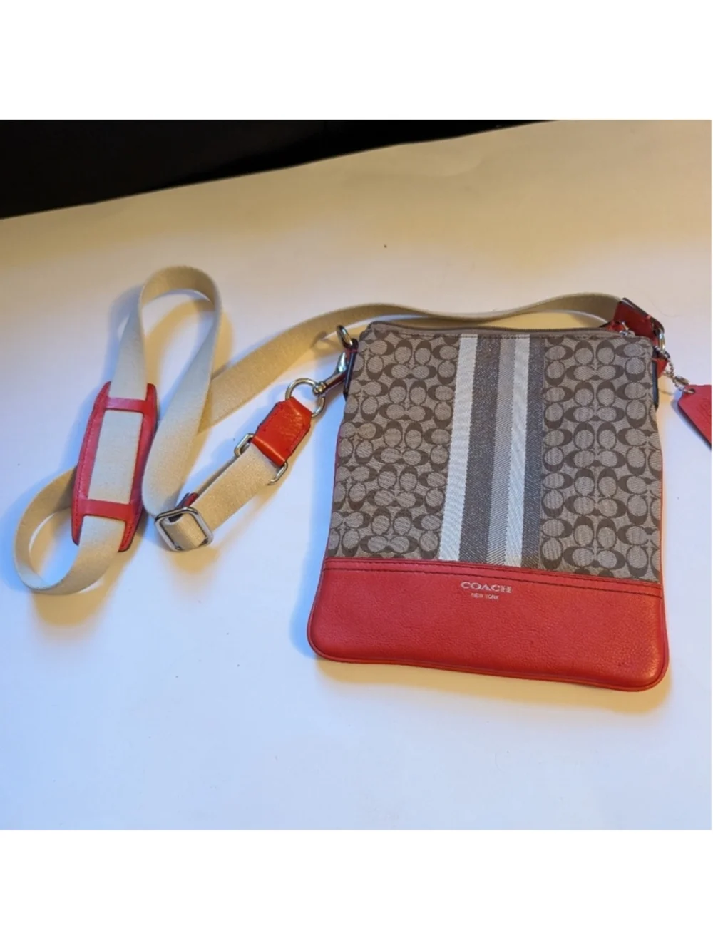 Coach Signature Stripe Swingpack Crossbody Bag In VGUC