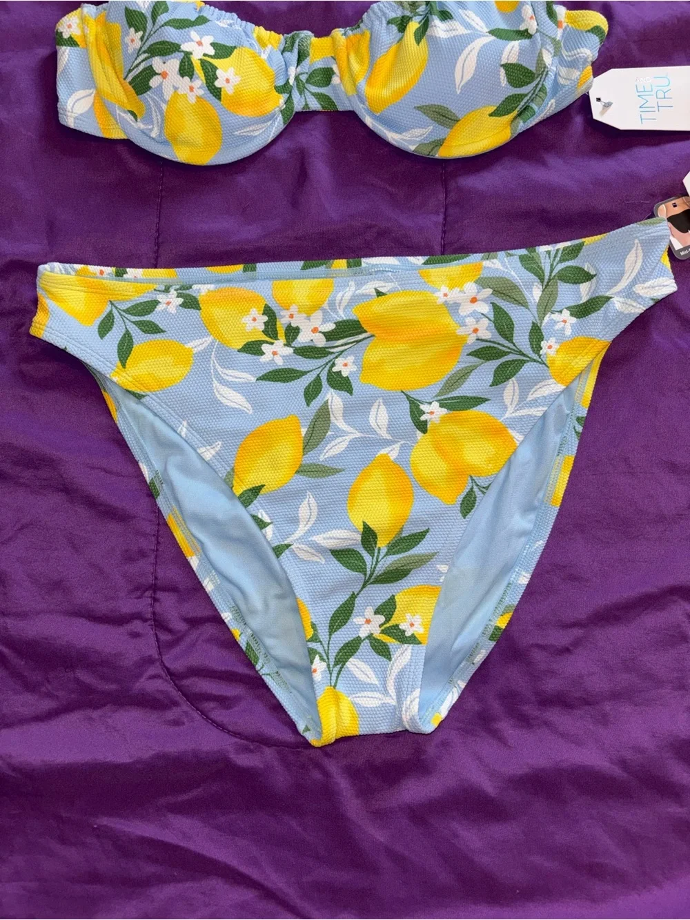Time and Tru Light Blue & Yellow Lemon Print Tie-Shoulder Bikini
