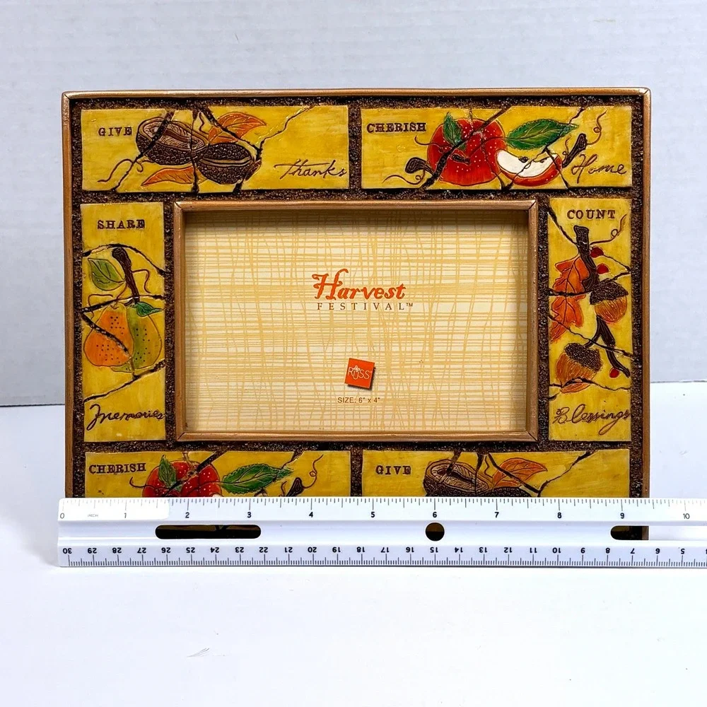 Vtg 90s Russ Harvest Festival Photo Frame 4x6 Faux Tile Autumn Country Cottage