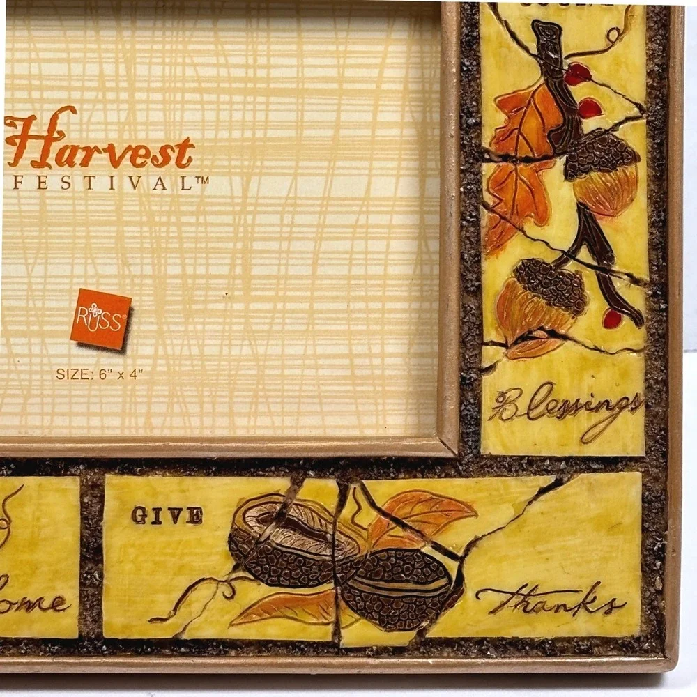 Vtg 90s Russ Harvest Festival Photo Frame 4x6 Faux Tile Autumn Country Cottage