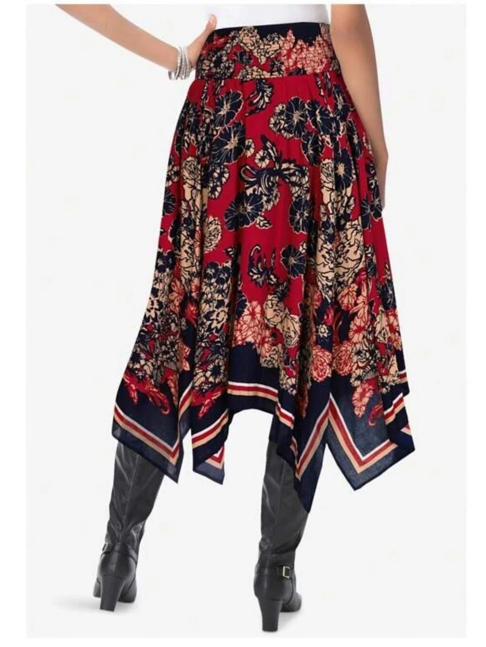 NEW Floral‎ Hanky Hem 42W Tall Plus Pull On Flowy Skirt Red Blue Denim 24/7